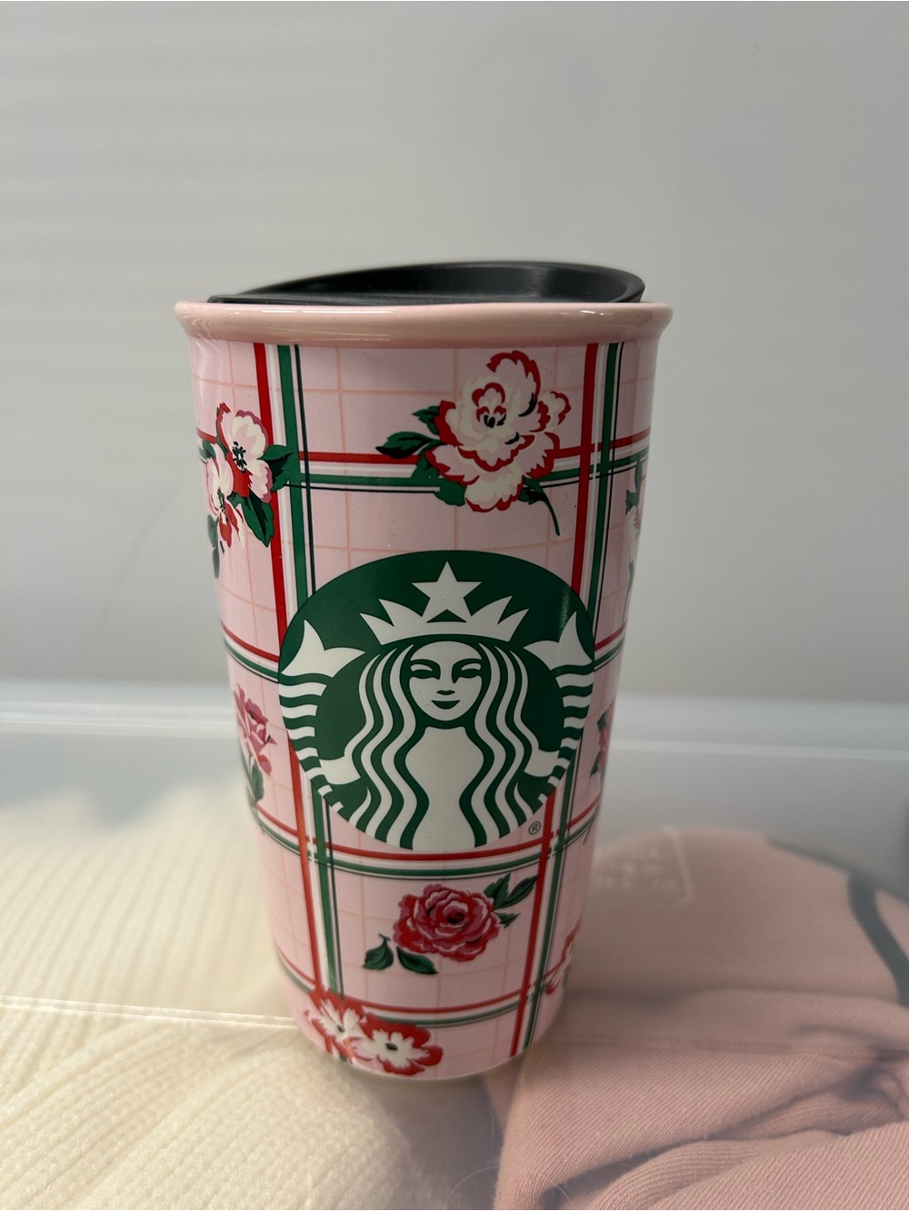 Starbucks Pink Plaid Floral Travel Mug with Green Logo